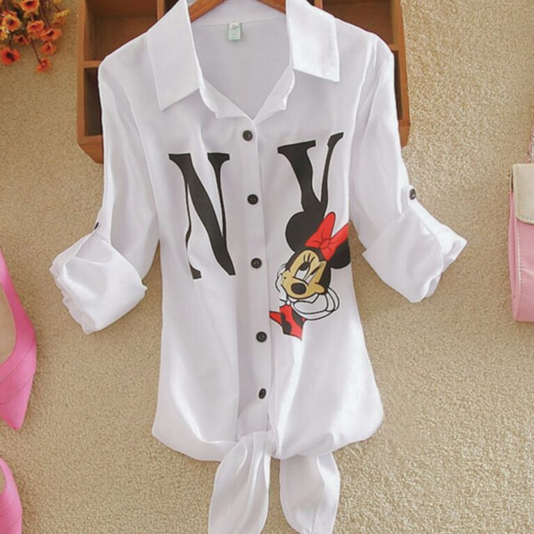 Women Short-Sleeve Tie-Front Shirt with Cute Cartoon Print