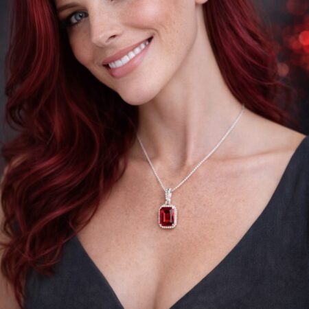 Silver Pendant with Central Ruby and Swarovski Crystal Halo