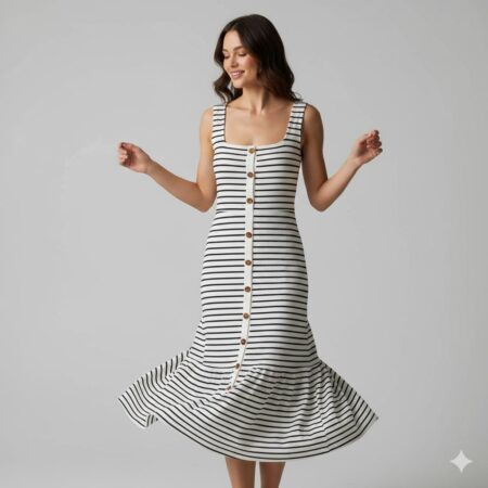 Nautical Striped Wide-Strap Button-Down Dress
