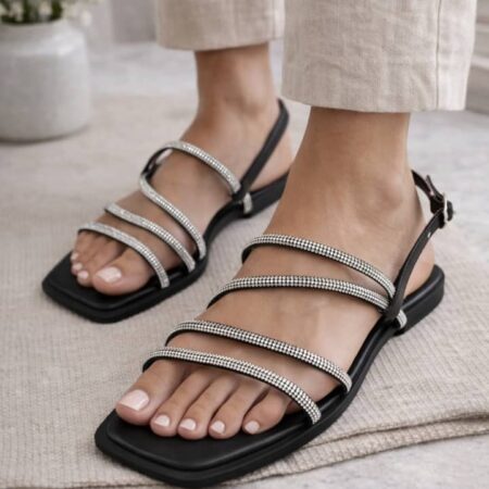 Crossed Strap Sandals with Rhinestone Embellishments