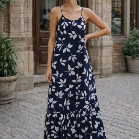 Elegant Long Spaghetti Strap Dress with Front Tie and Ruffle Hem