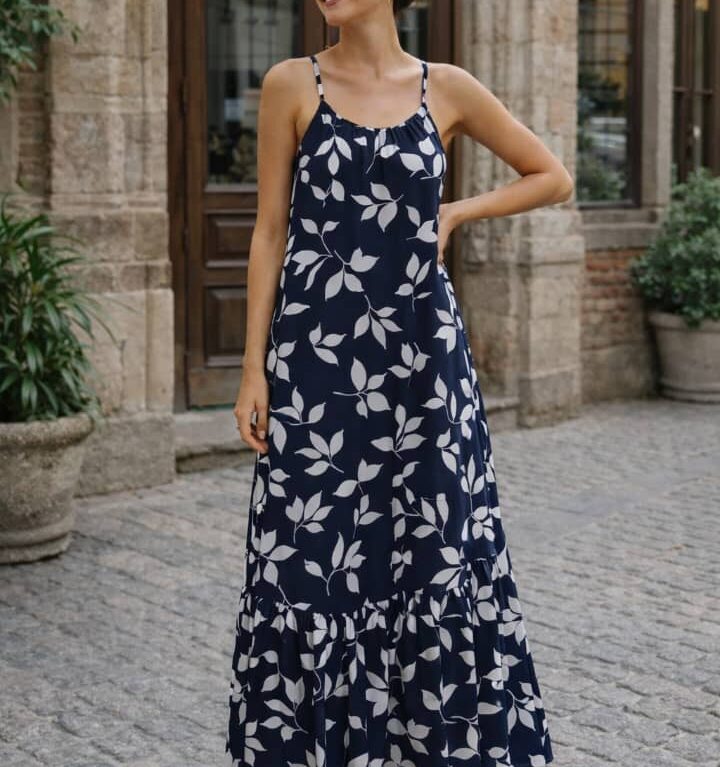 Elegant Long Spaghetti Strap Dress with Front Tie and Ruffle Hem